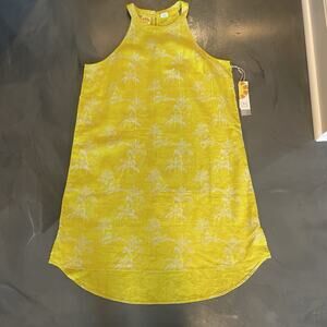 C&C California Linen Dress Womens L Yellow High Neck Beach Tropical Print Casual